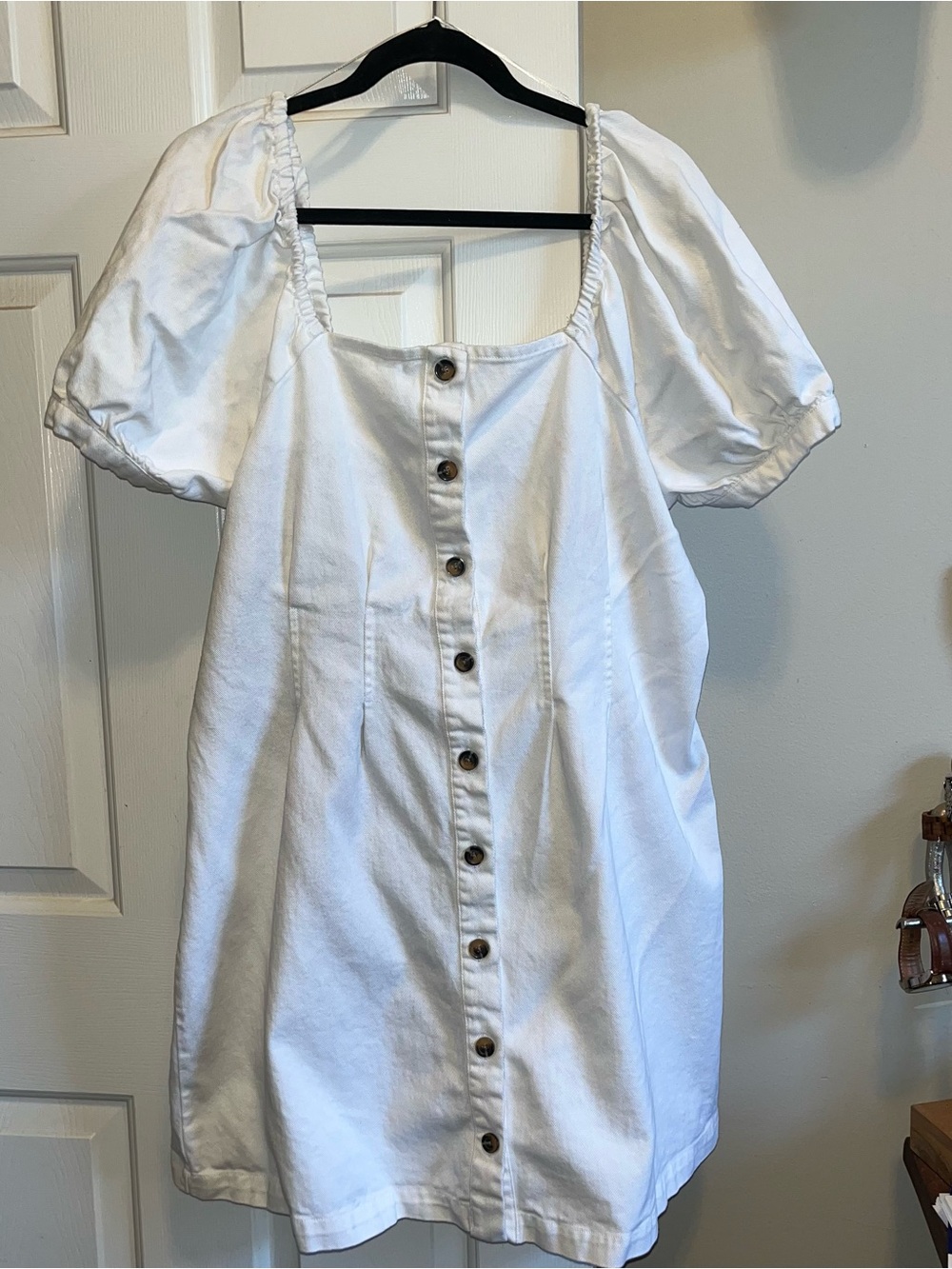 Who What Wear White Puff Sleeve Button-Front Mini Dress denim